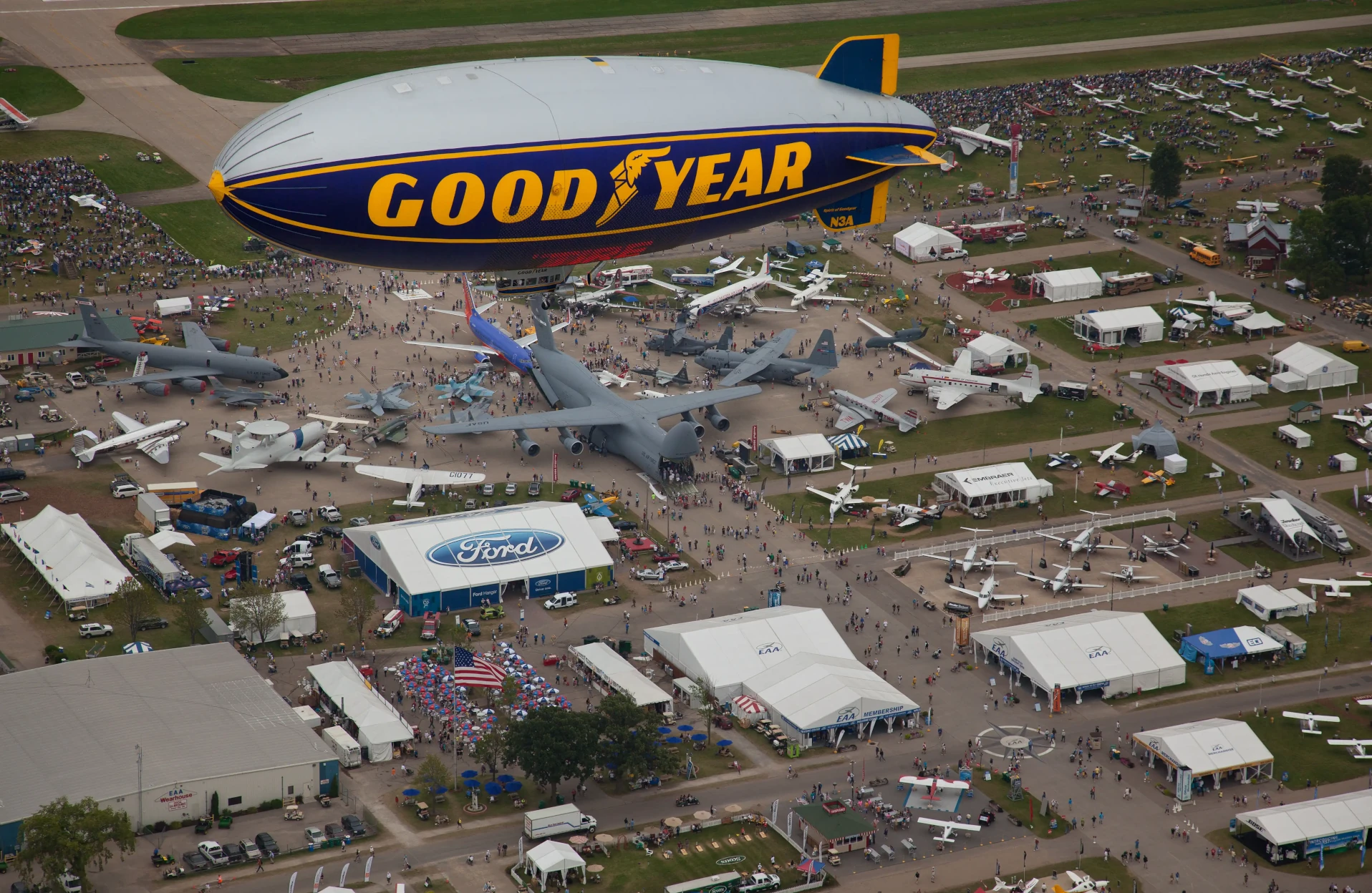 Aerial of EAA AirVenture | Goodyear Blimp | Boeing Plaza