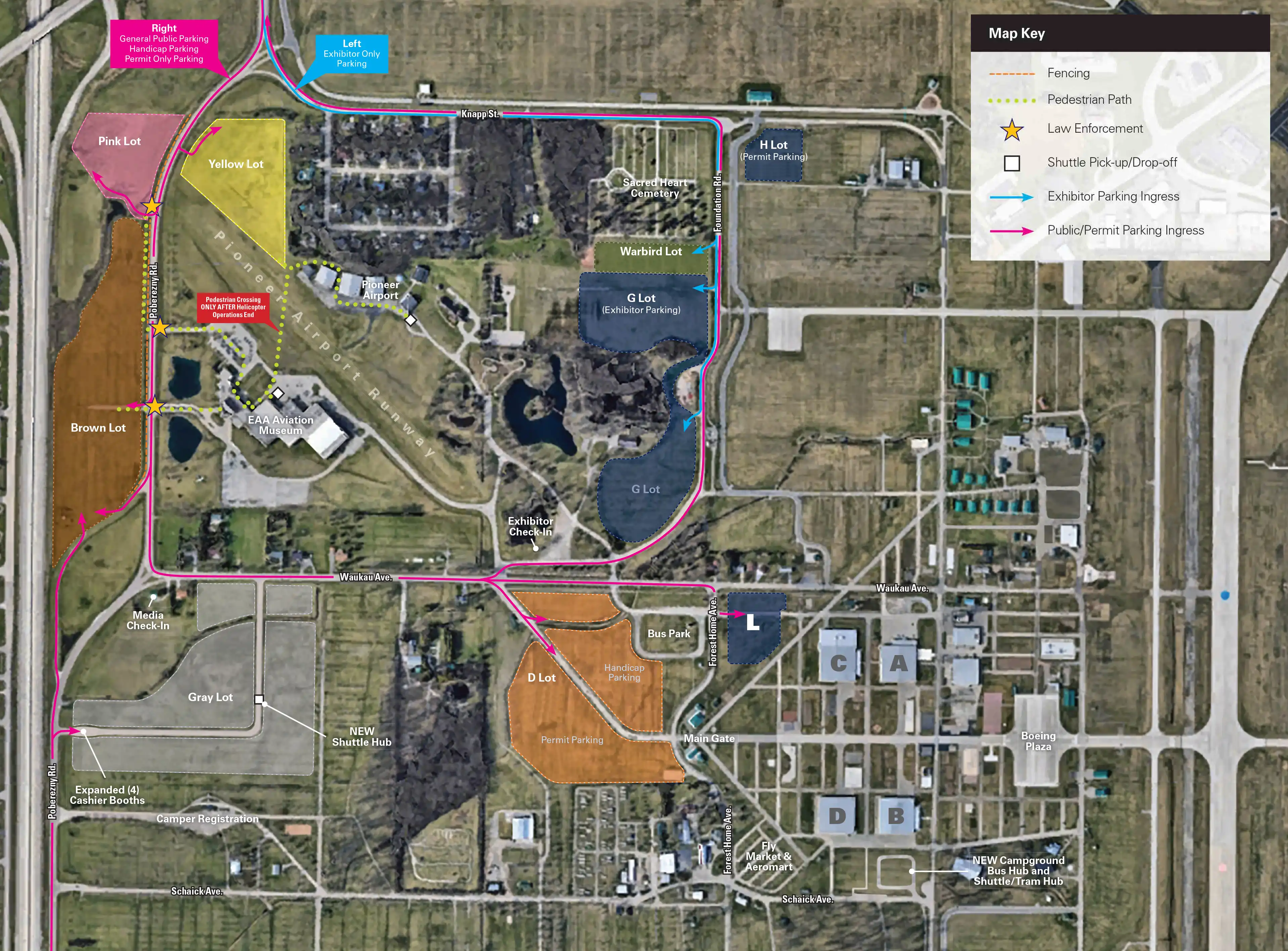 Airventure map of public parking lots
