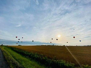 Hot Air Balloons Lifting Off Over Open Field
