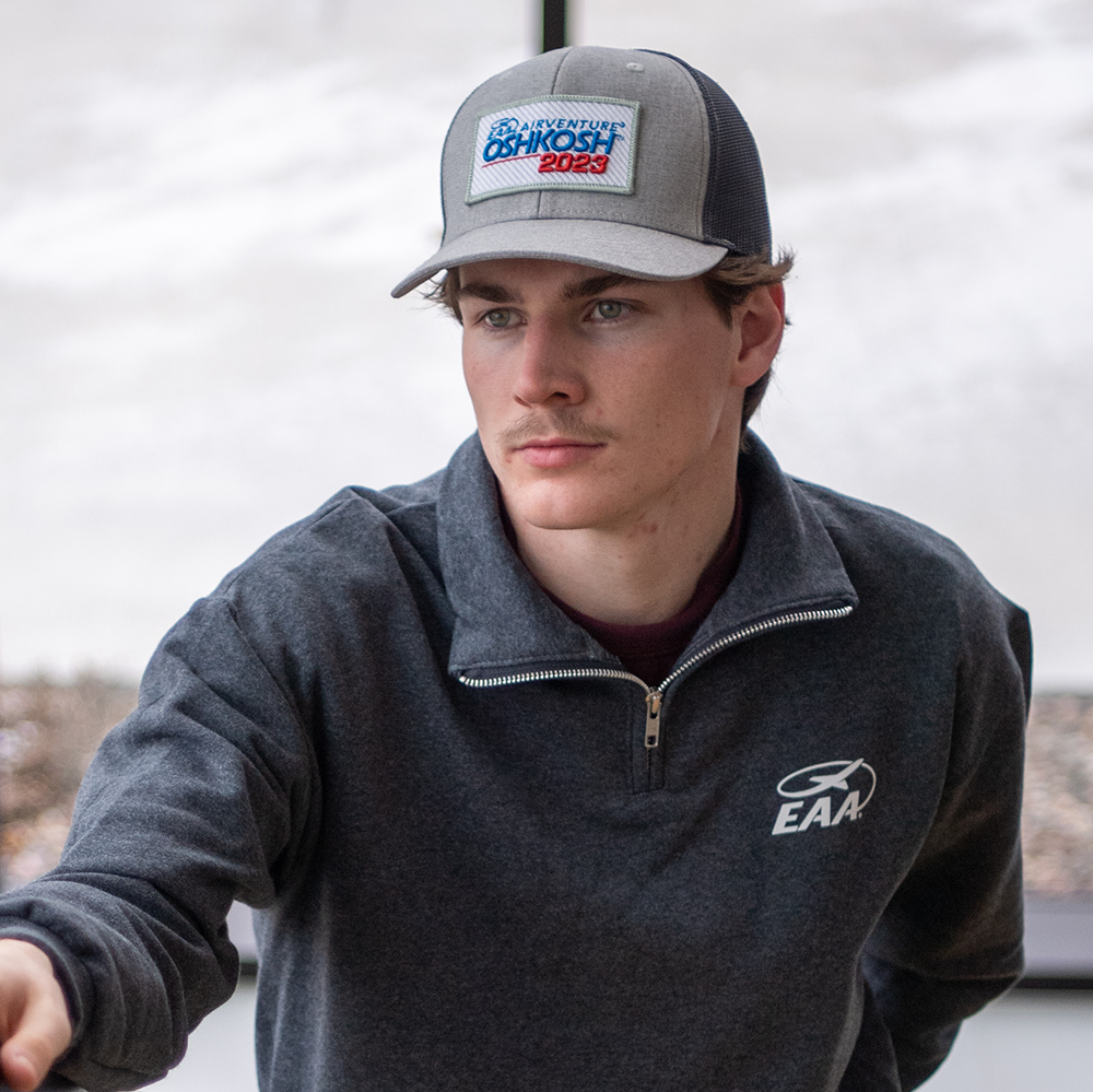 Available for Preorder - EAA AirVenture 2023 Textured Patch Hat in Grey and Black